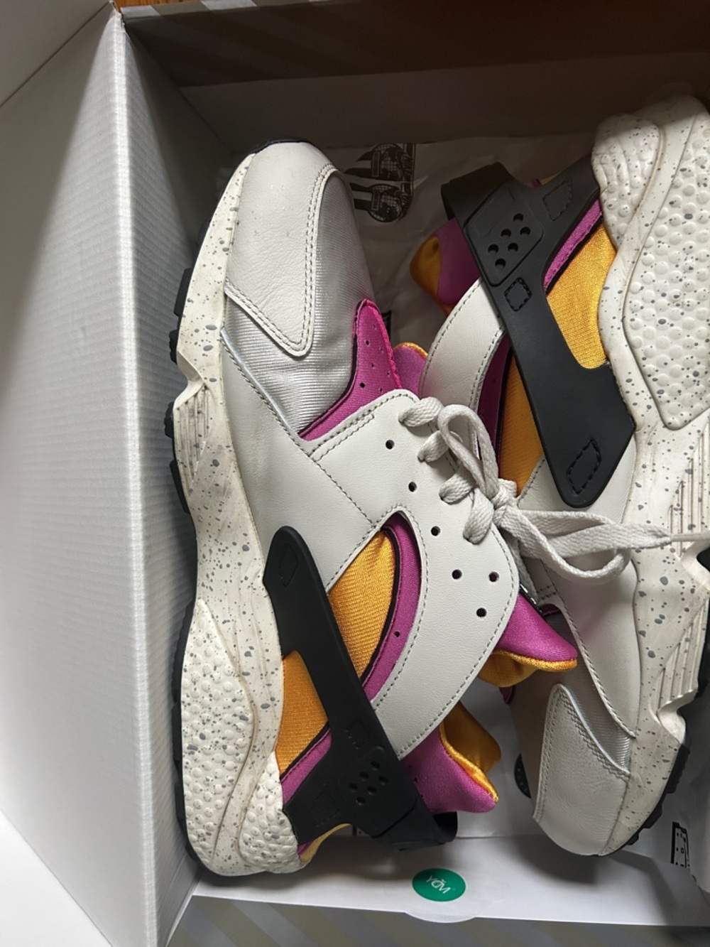 White Multi-Color Athletic Sneakers with Pink & Yellow Accents Nike Huarache